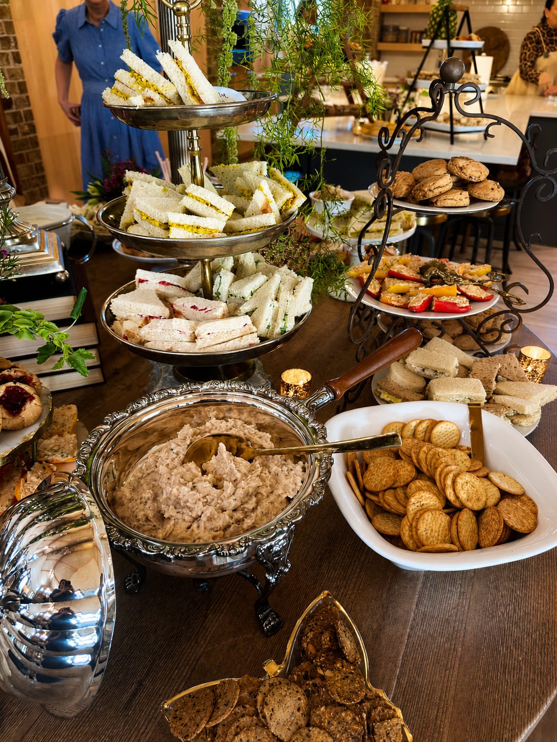 Maggie's catering grazing table with tea sandwiches, dips, and scones