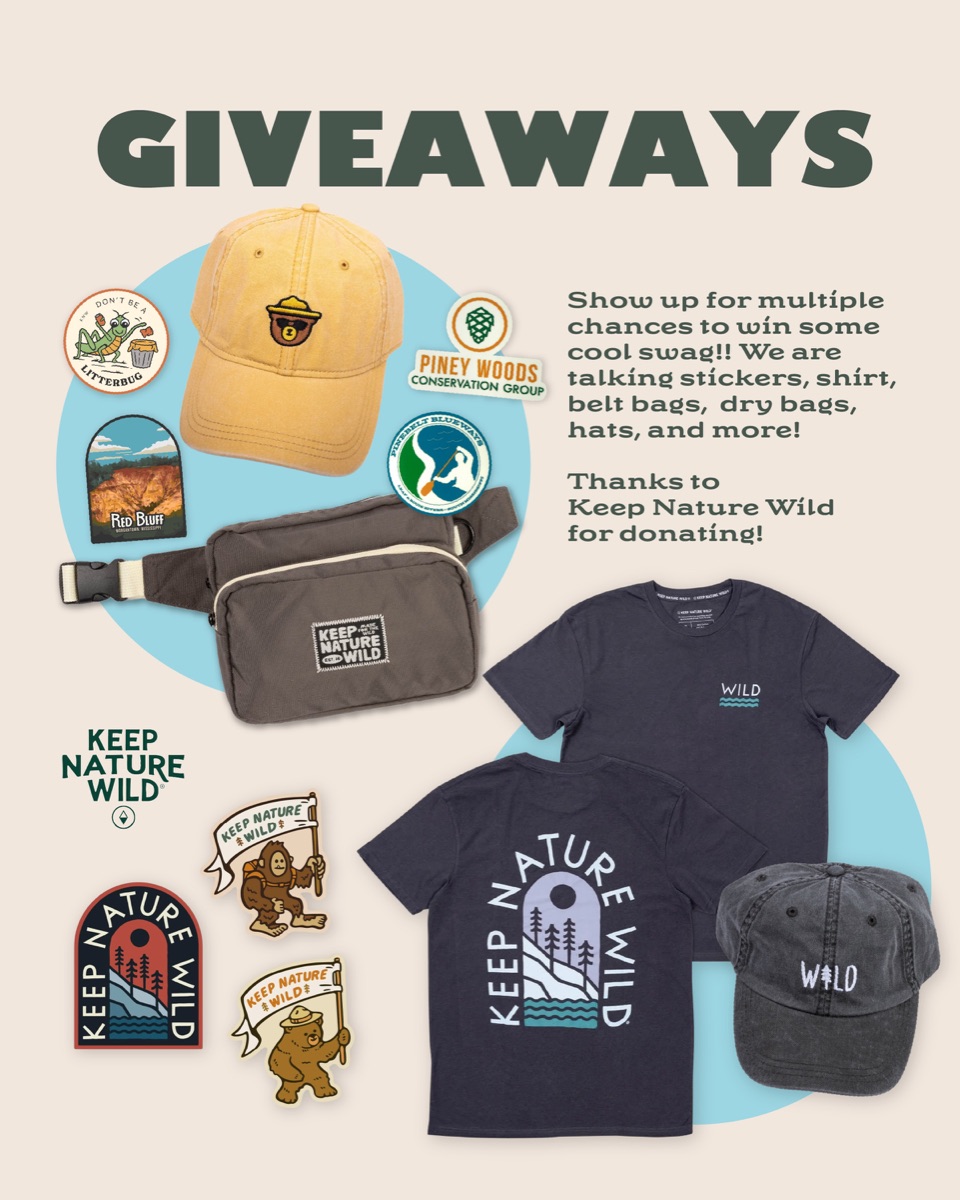 Giveaways from Keep Nature Wild: hats, stickers, shirts, belt bags and more
